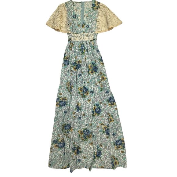 Vintage Made in California Floral Maxi Dress 70s Size 9 Lace Crochet Sleeve - Picture 2 of 16
